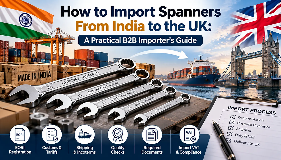 Importing spanners from India to the UK, covering customs, shipping, quality checks, documents, and VAT.
