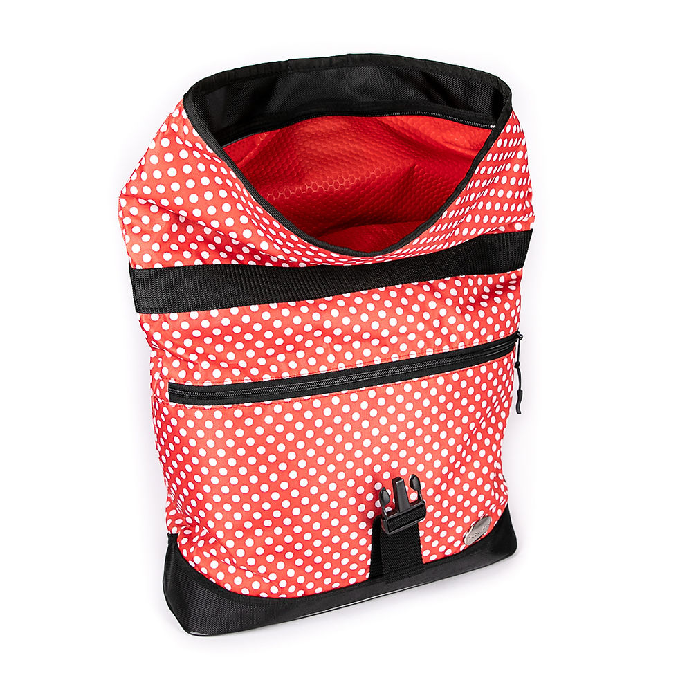 Miniaturbild: Einzeltasche Melan I rot/weiß Punkte 20 Liter, aufgeklappt, rotes Innenfutter sichtbar