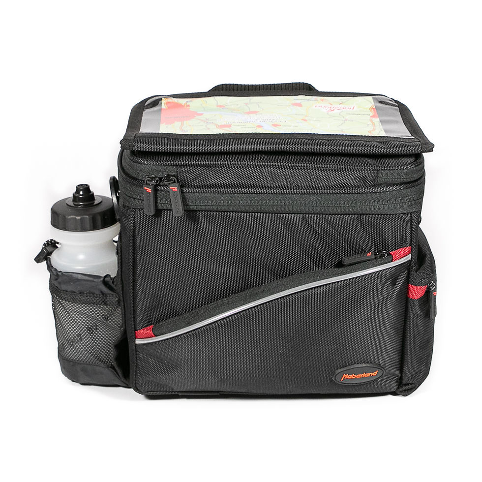 Lenkertasche Maxi Plus für Klickfix-Adapter schwarz 10 Liter, abgebildet von vorne, ausgeklapptes Trinkflaschenfach