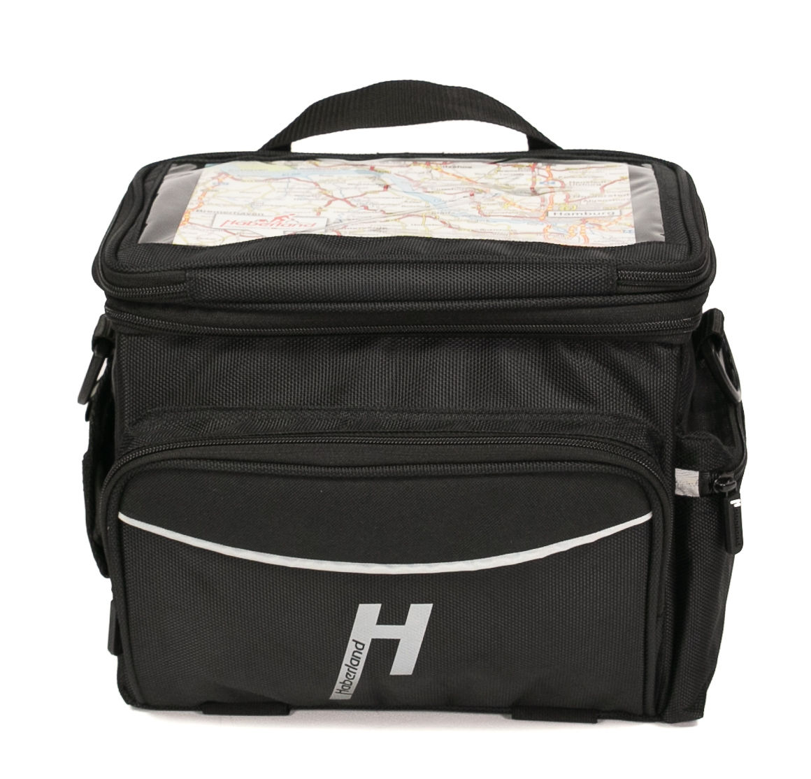Lenkertasche Maxi Plus für Klickfix-Adapter schwarz 10 Liter, schwarz, reflektierendes Logo und Streifen, von vorne