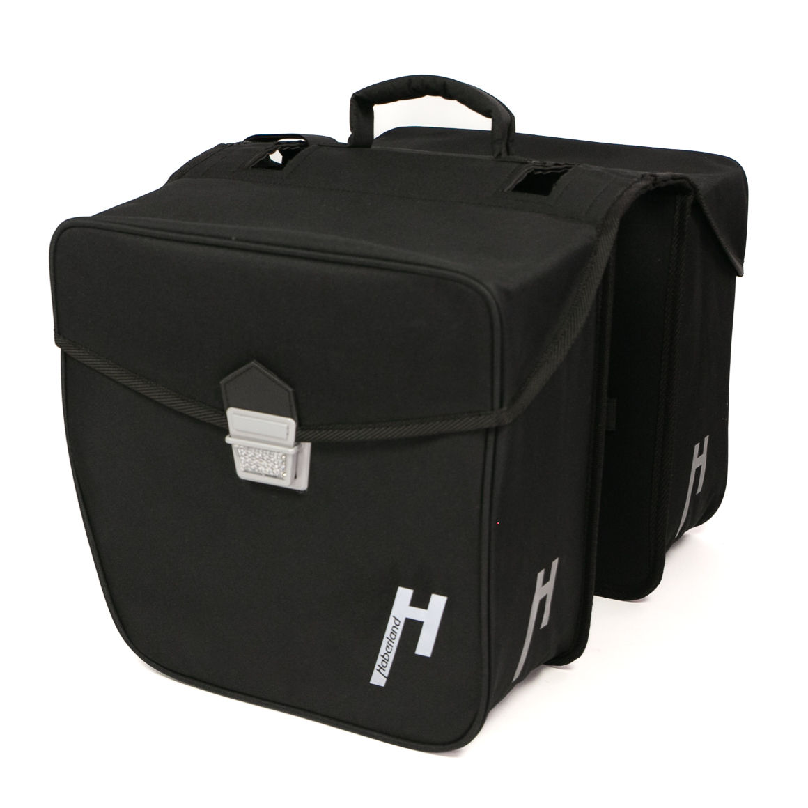 Doppeltasche 31 Liter Herbert schwarz mit Reflex-Schloss und Reflex-Logos, leicht nach links gedreht