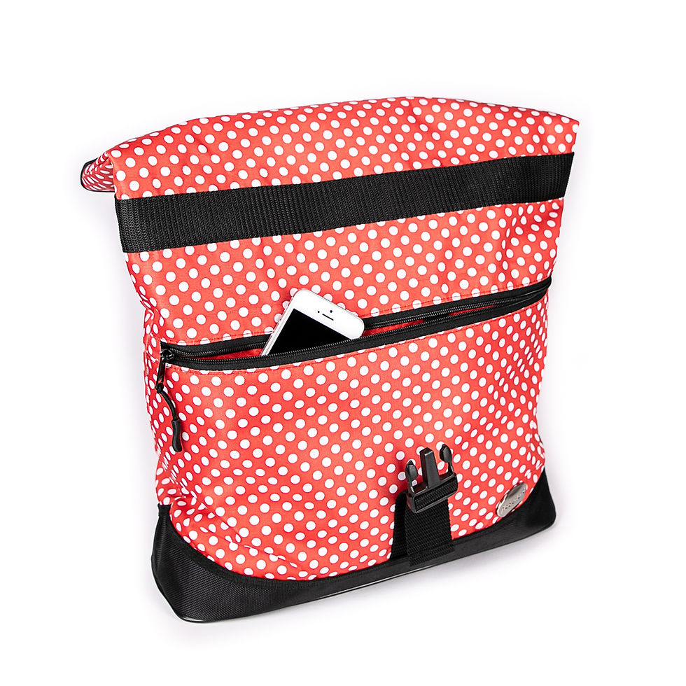 Miniaturbild: Einzeltasche Melan I rot/weiß Punkte 20 Liter, aufgeklappt, in der Vortasche steckt ein Handy