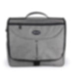 Hellgraue Einzeltasche mit schwarzen Applikationen, Reißverschlussvortasche und Tragegriff, von vorne