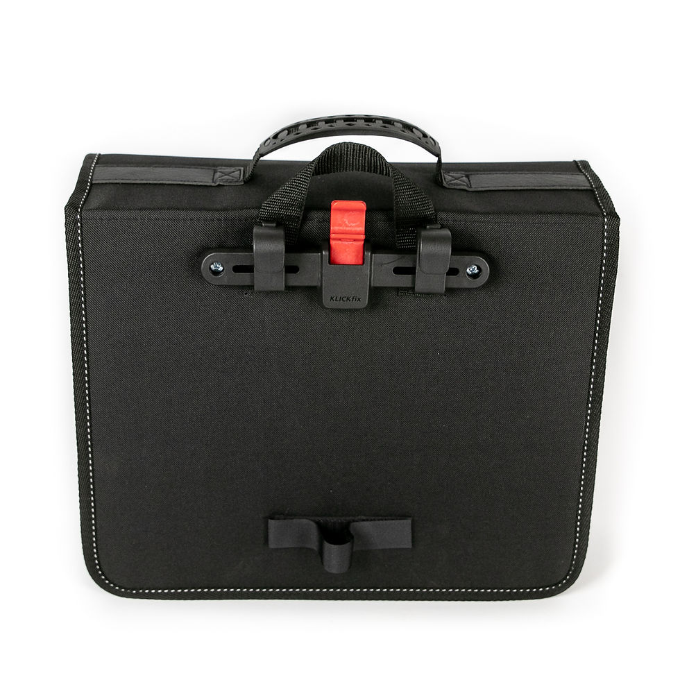 Miniaturbild: Schwarze Einzeltasche von hinten, die Schiene zur Befestigung am Fahrrad ist zu sehen