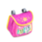 Pinke, rosafarbene Tasche mit Katzenmotiv und Klettbaendern zur Befestigung am Kinderfahrrad, leicht nach rechts gedreht