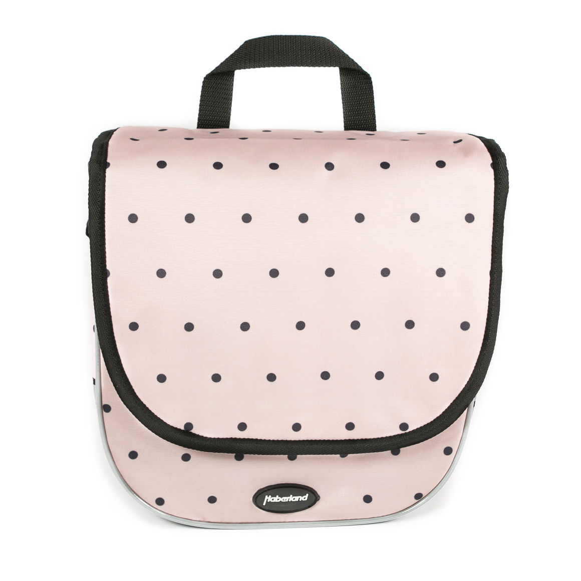 Rosa Fahrrad-Tasche mit schwarzen Punkten, von vorne