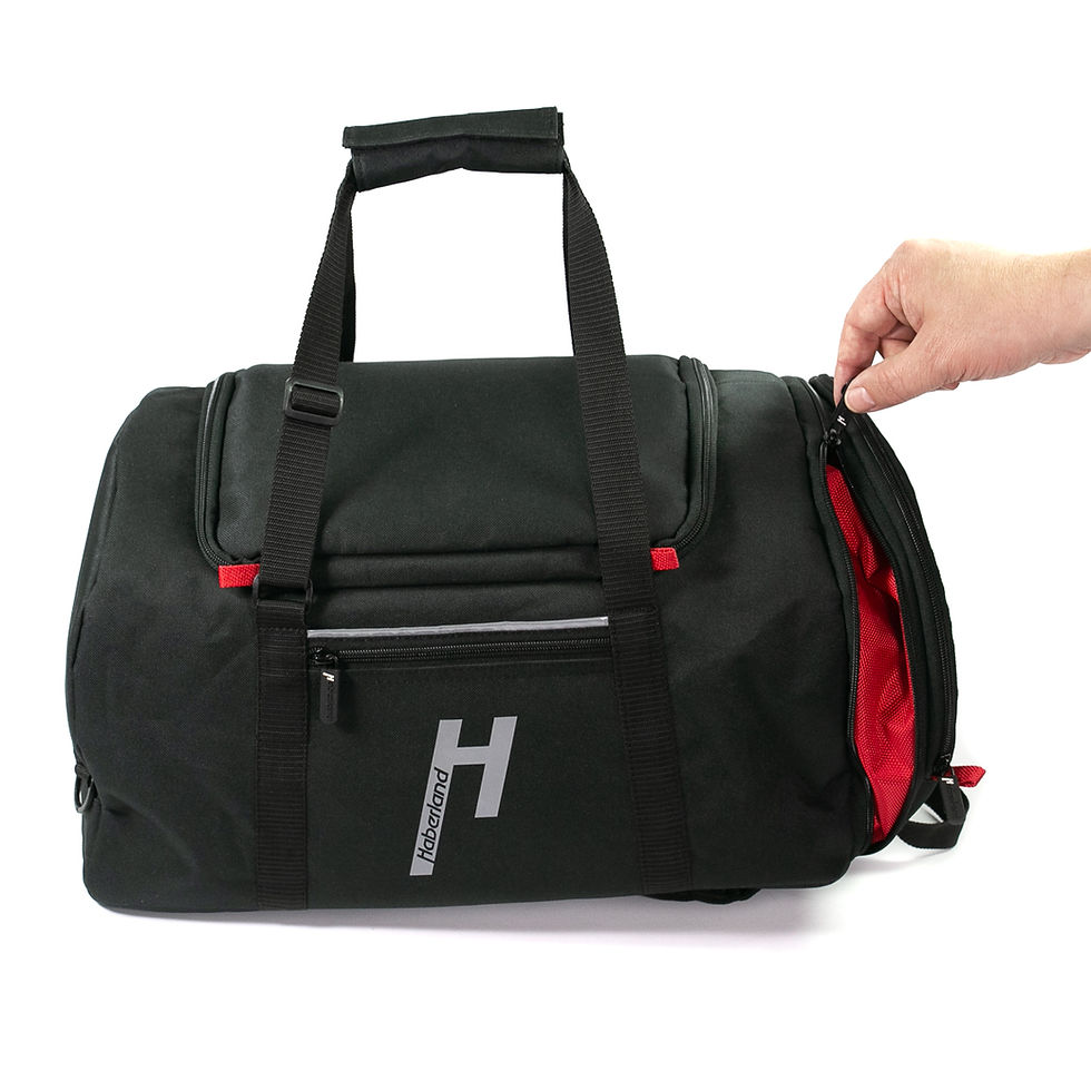 Miniaturbild: Sporttasche / Einzeltasche Transporter schwarz 34 Liter, Ansicht von vorne, halb geschlossenes Seitenfach in rot