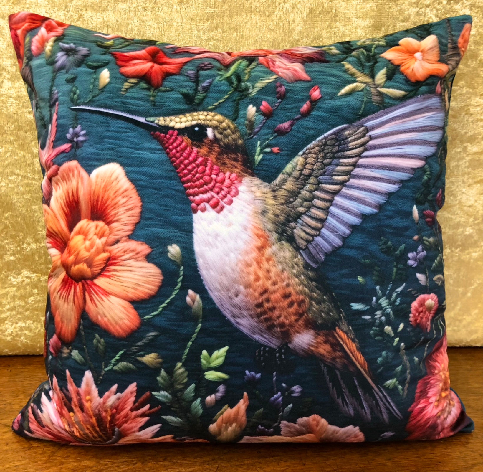 Luxury Velvet Cushion: Tropical Hummingbird