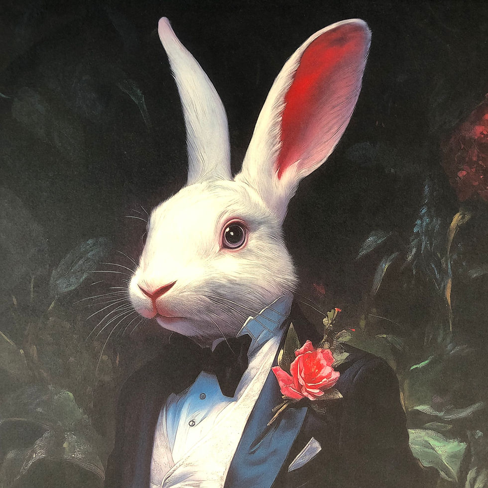 Thumbnail: Framed Velvet Costume Animal Wall Art: White Rabbit Gentleman Drinking Tea