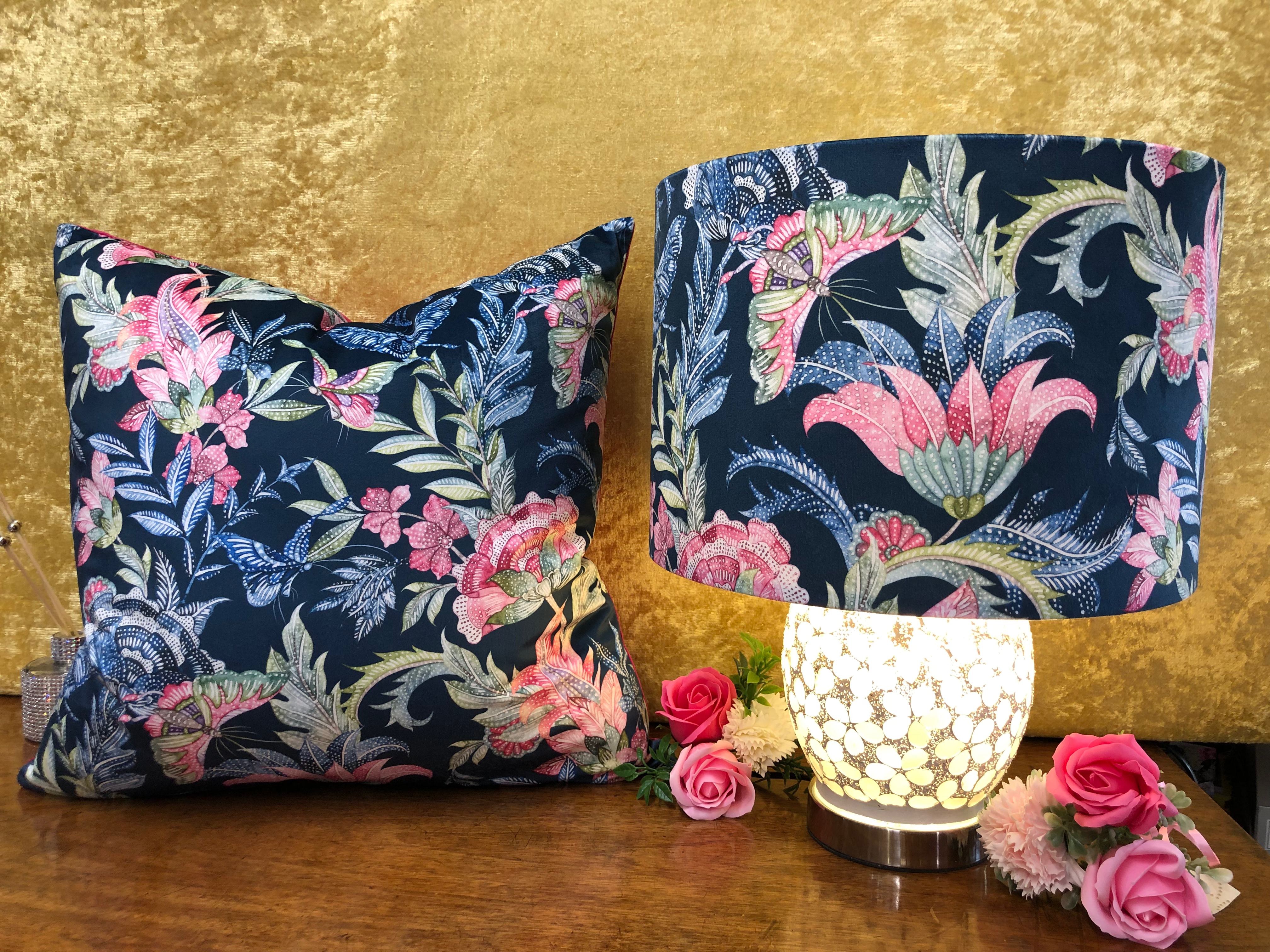 Bespoke Velvet Lampshade & Cushion - Navy Batik Floral