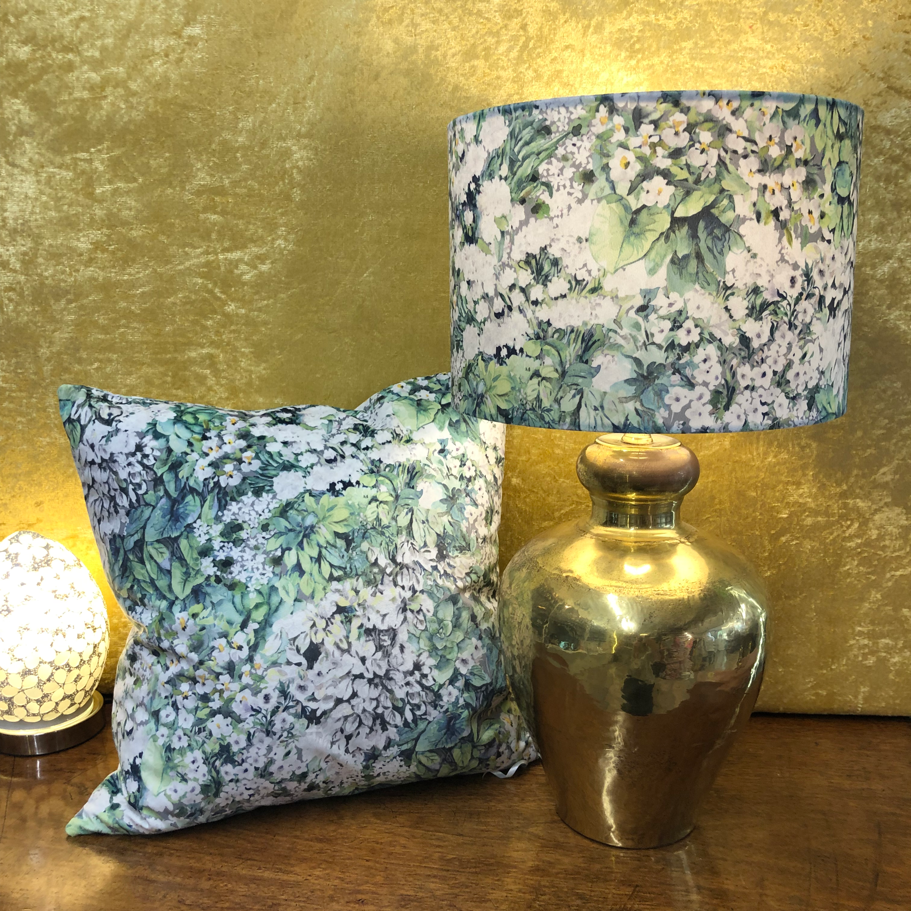 Bespoke Velvet Lampshade & Cushion, Fresh Spring Meadows