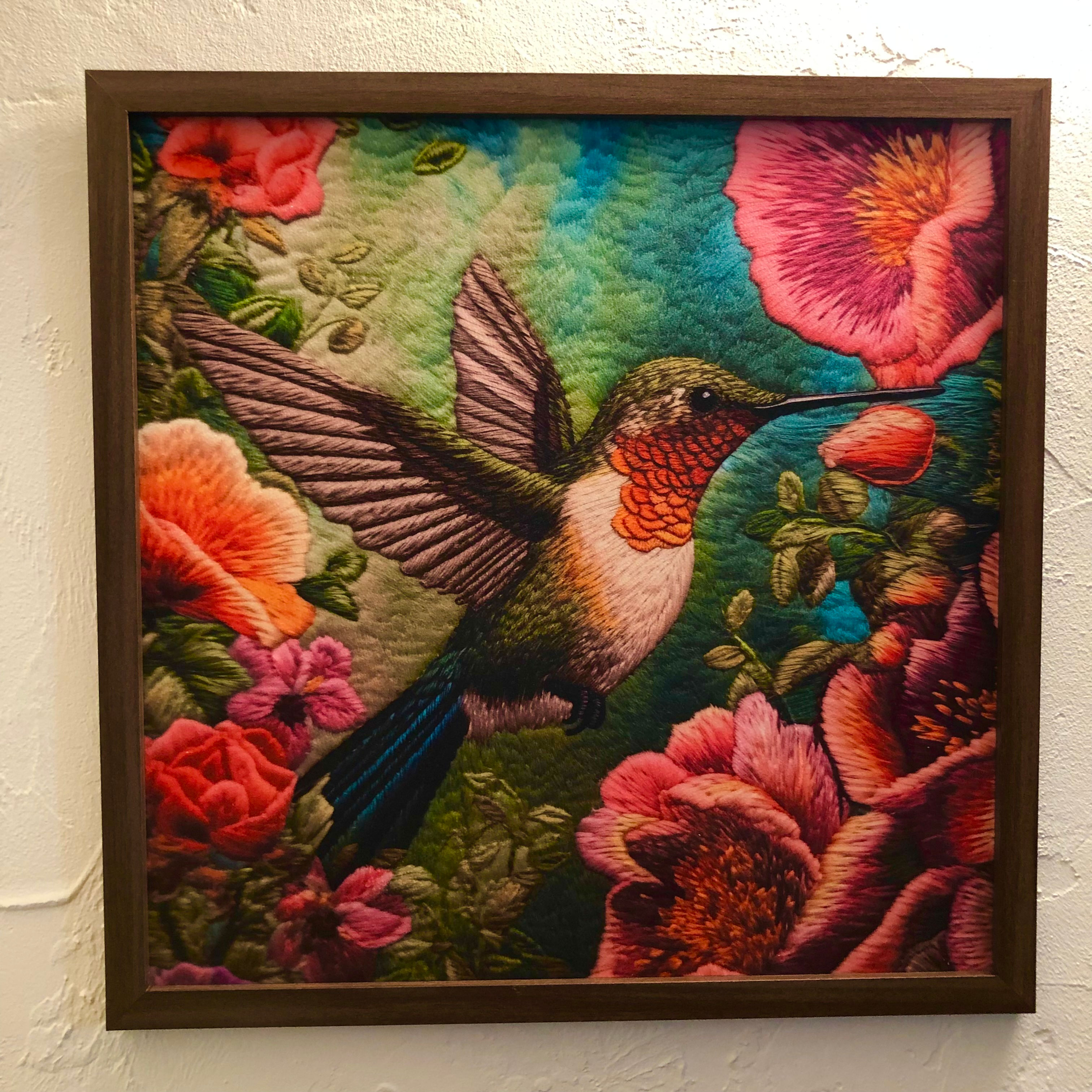 Framed Velvet Fabric Print: Embroidery Hummingbird