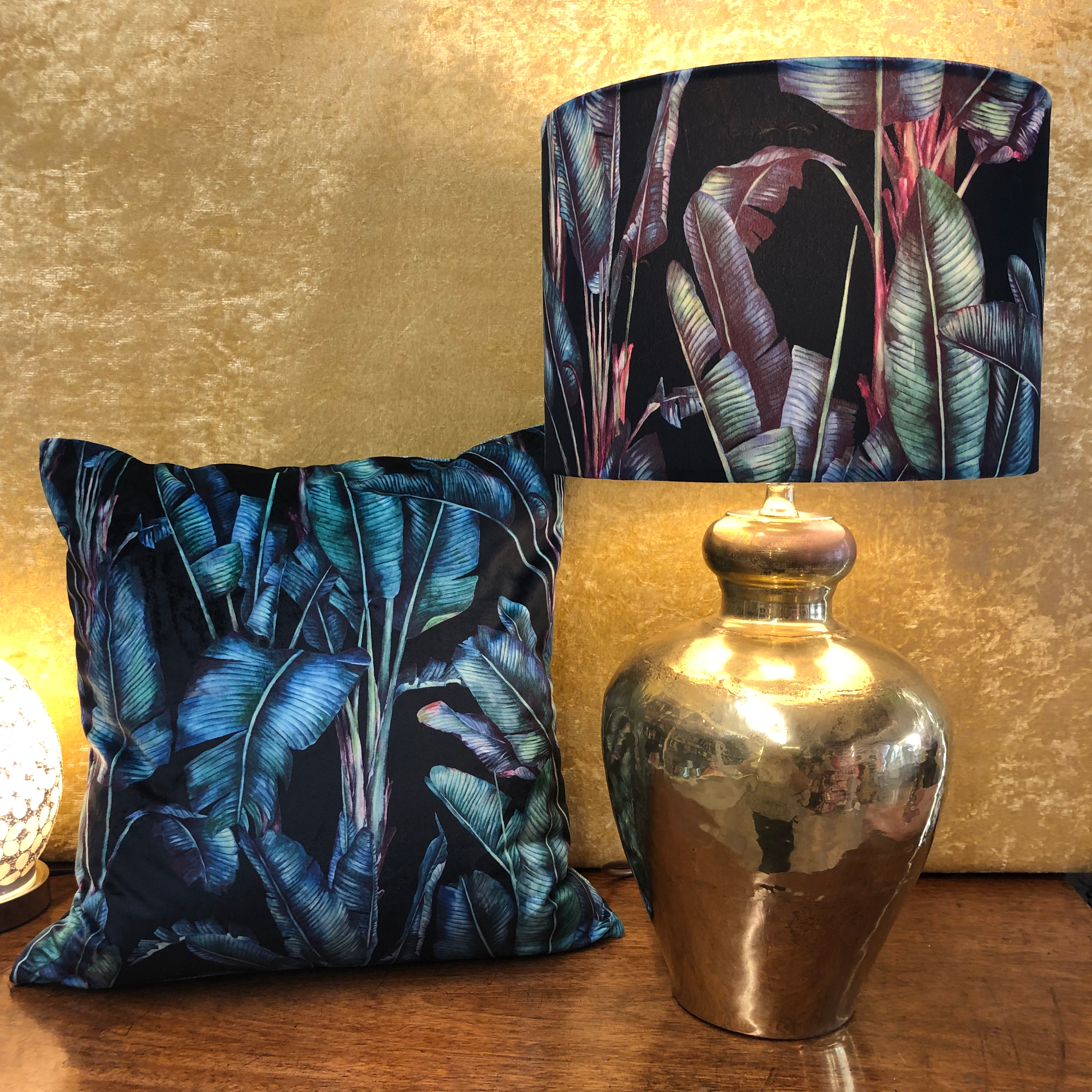 Bespoke Velvet Lampshade & Cushion, Tropical Paradise -Black