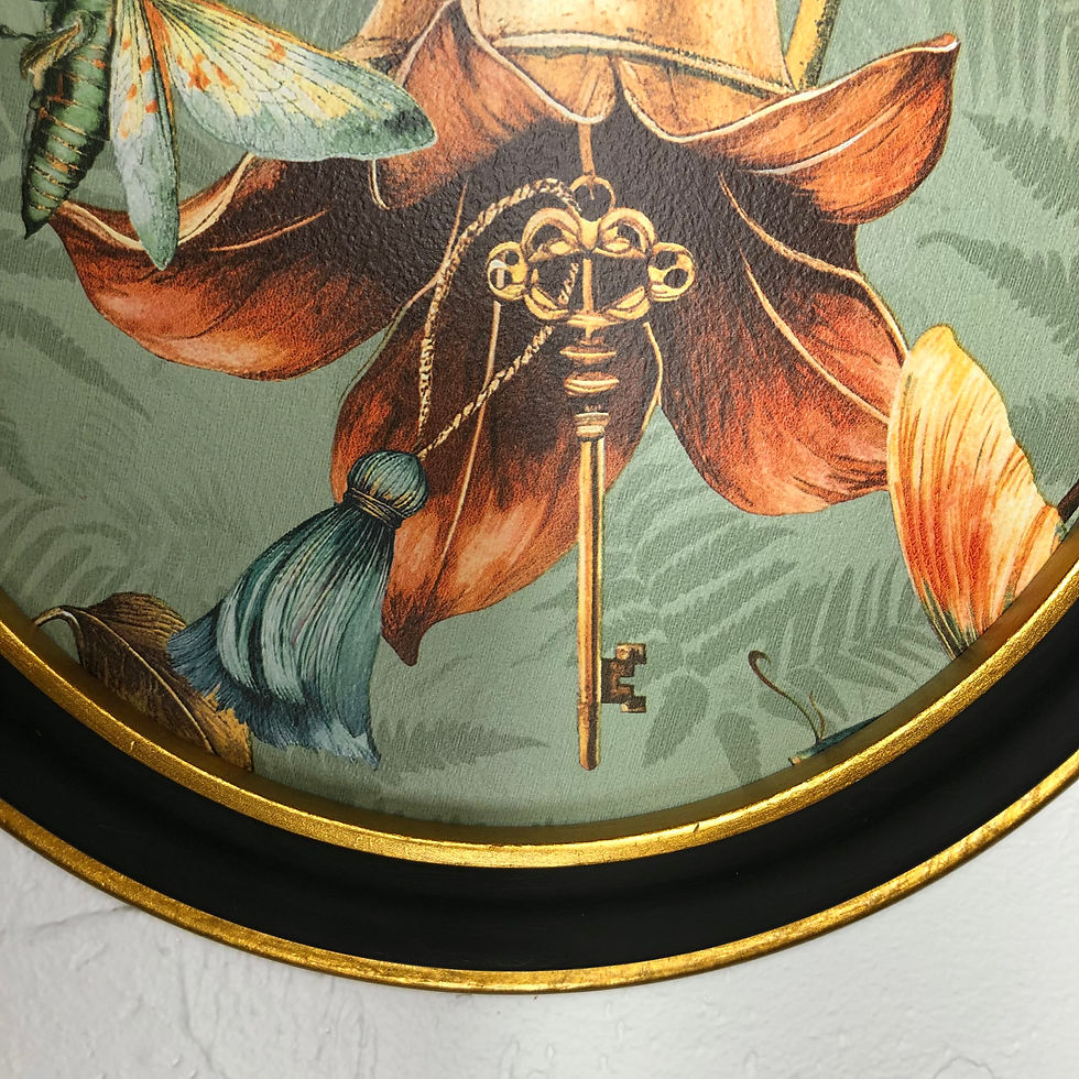 Thumbnail: Round Framed Fantastical Art Print: Grasshopper & Bellflower