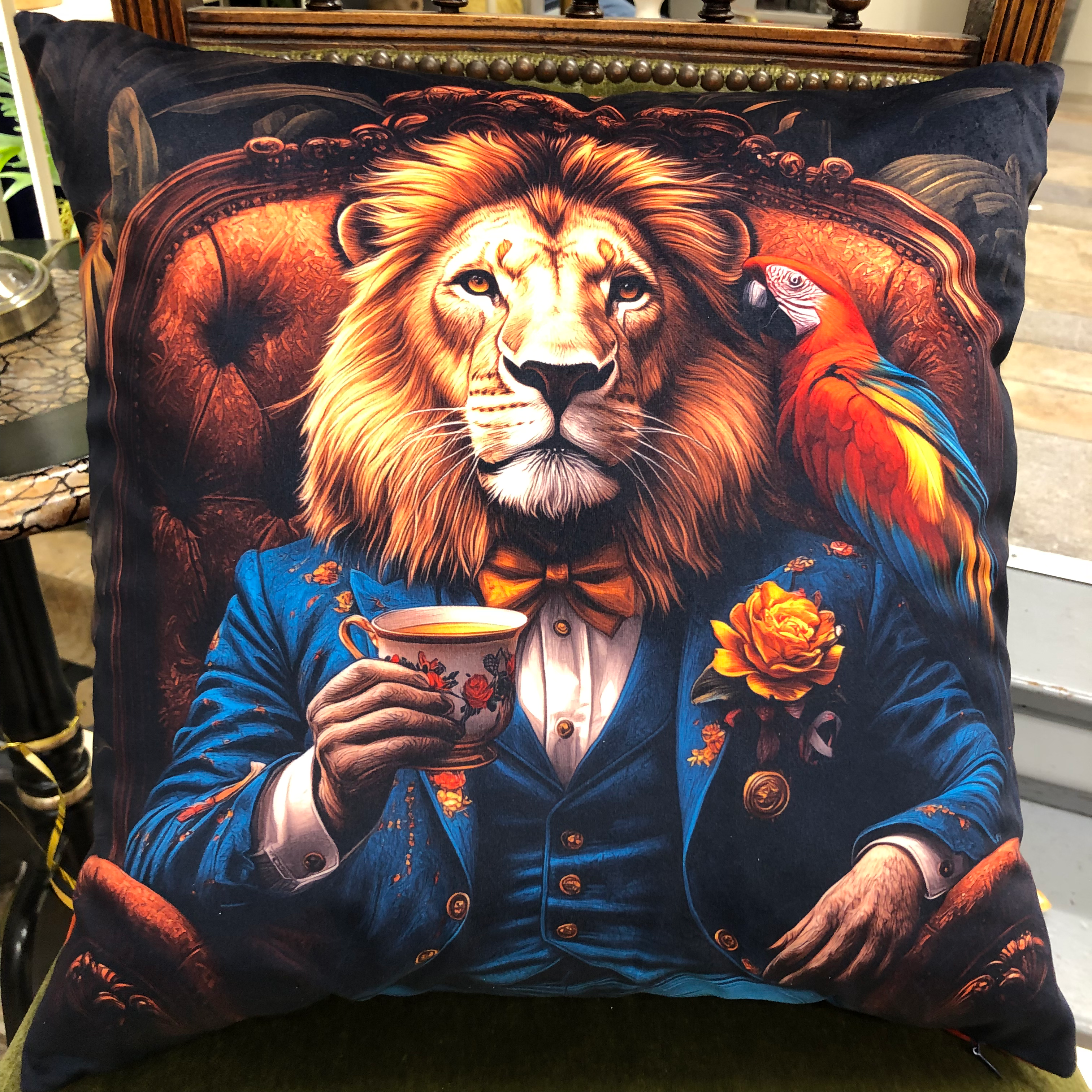 Luxury Velvet Cushion: Lion In Suit Drinking Tea