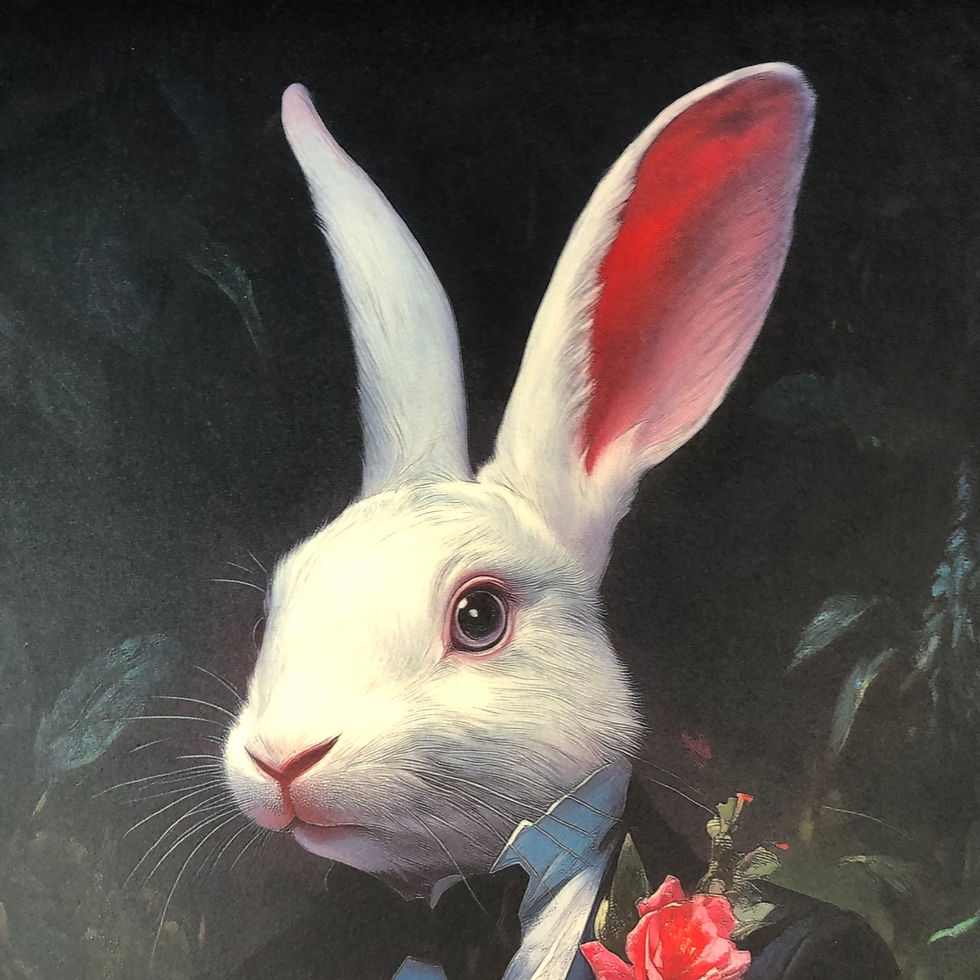 Thumbnail: Framed Velvet Costume Animal Wall Art: White Rabbit Gentleman Drinking Tea