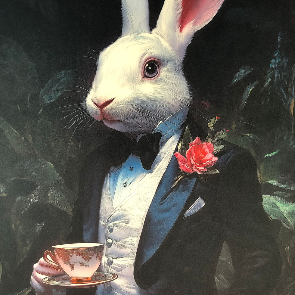 Thumbnail: Framed Velvet Costume Animal Wall Art: White Rabbit Gentleman Drinking Tea