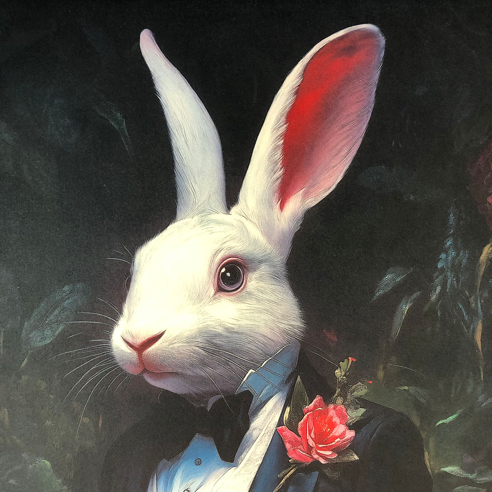 Thumbnail: Framed Velvet Costume Animal Wall Art: White Rabbit Gentleman Drinking Tea