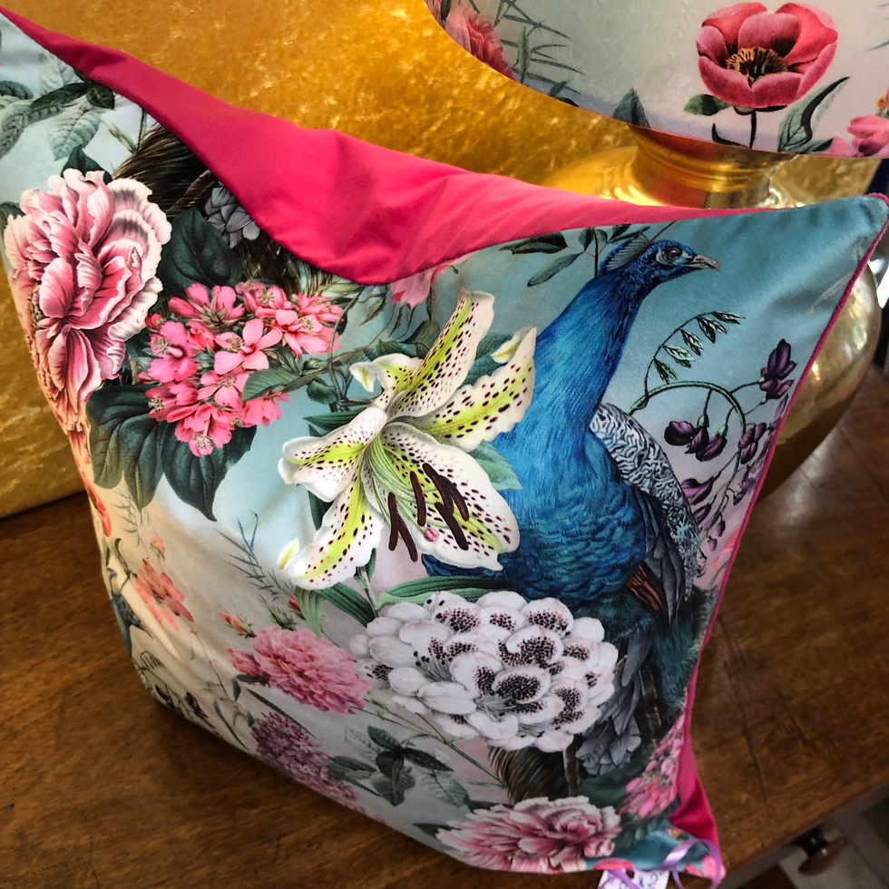 Thumbnail: Bespoke Velvet Lampshade & Cushion, Peacock Blossom - Duck Egg
