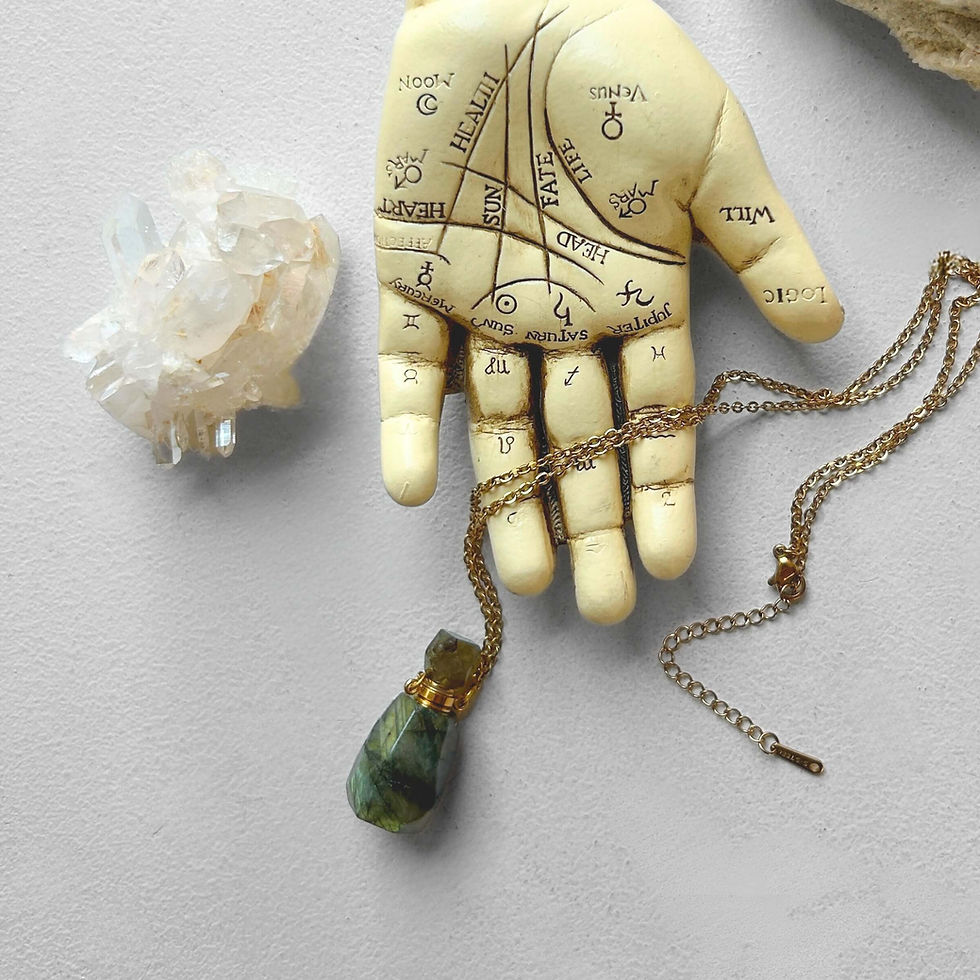 Thumbnail: a palmistry hand holds a beautiful labradorite faceted perfume pendant potion bottle