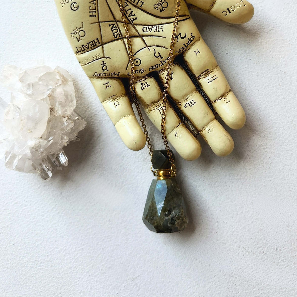 a palmistry hand holds a beautiful labradorite faceted perfume pendant potion bottle