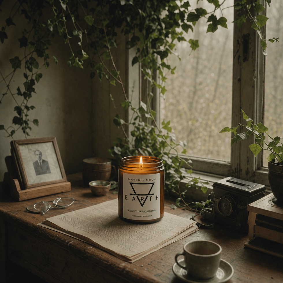Thumbnail: Lit Earth Element candle on a vintage wooden desk beside books, ivy, and a softly lit window in a contemplative naturalist se