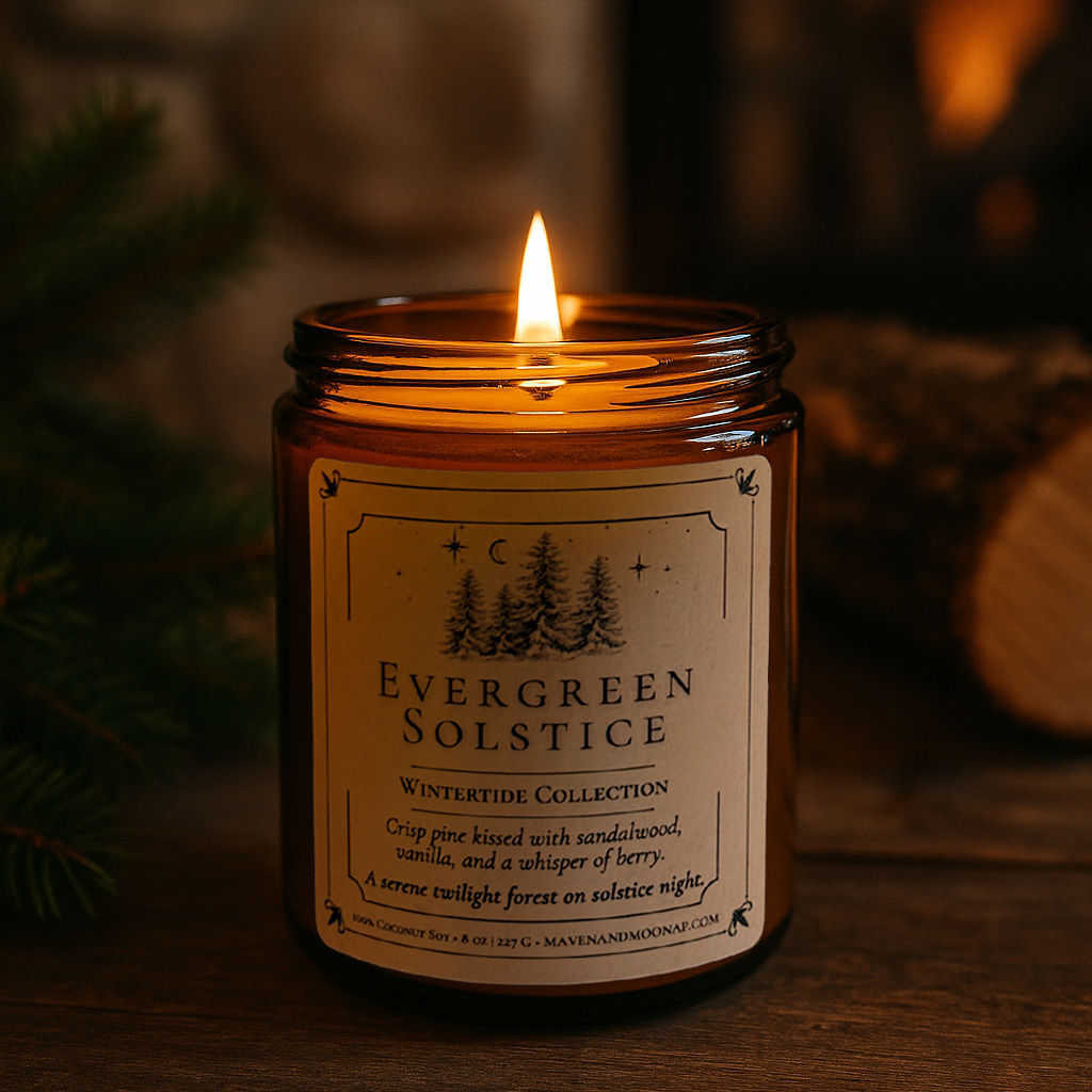amber glass jar with a vintage apothecary label on a lit fireside candle