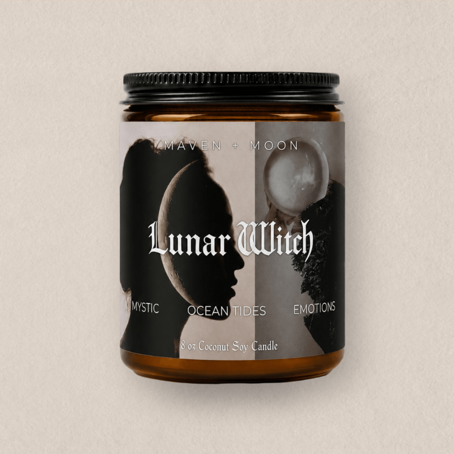 Lunar Witch coconut soy candle in an amber glass jar displayed on a warm tan background, featuring celestial moon artwork and