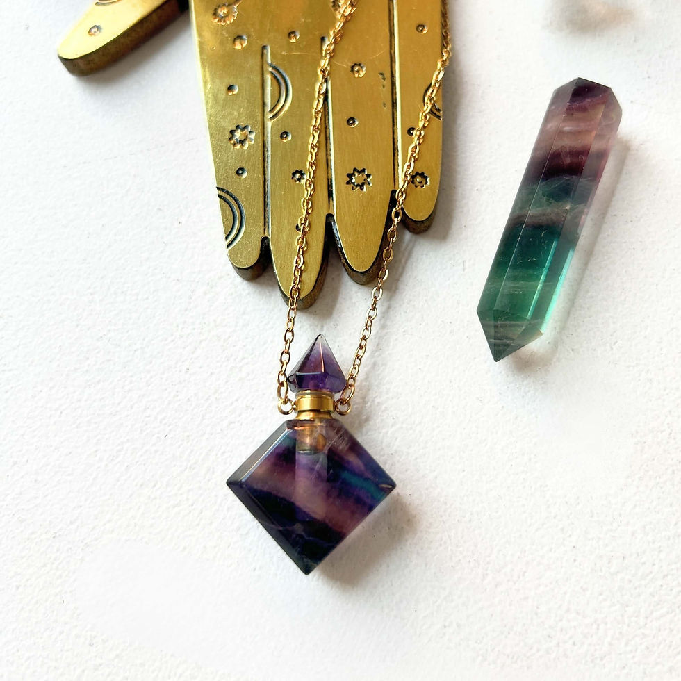 A radiant Rainbow Fluorite Perfume Necklace in a faceted diamond prism shape.