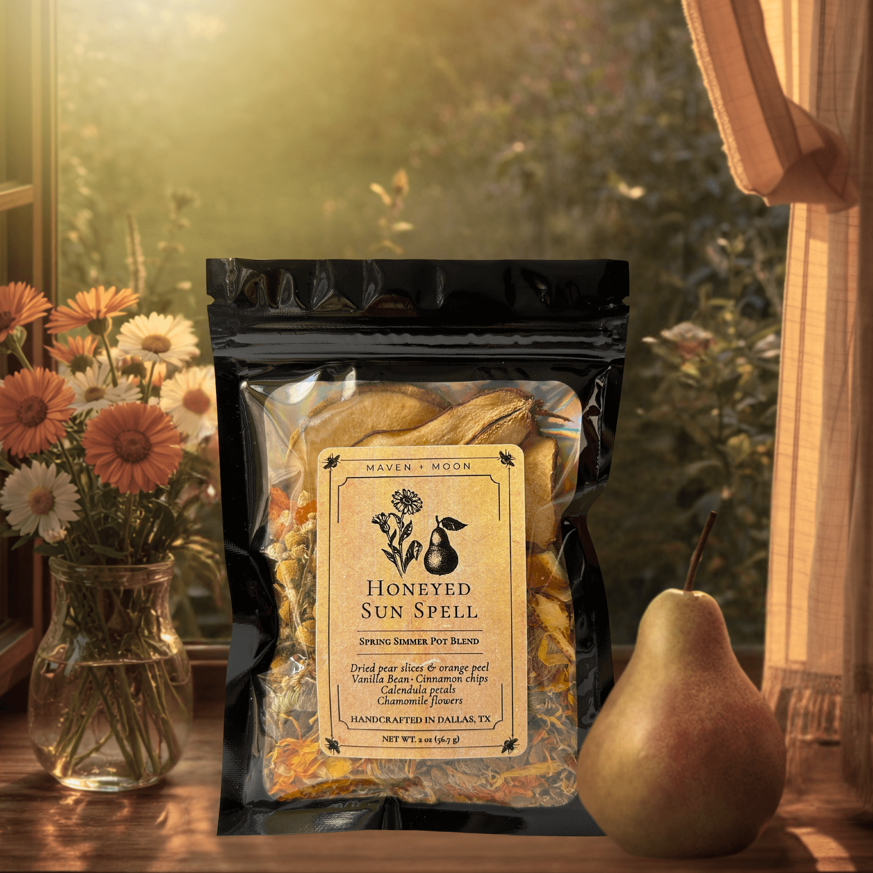 Citrus botanical simmer pot with dried orange, lemon peel, strawberries, elderflower, chamomile, and basil.