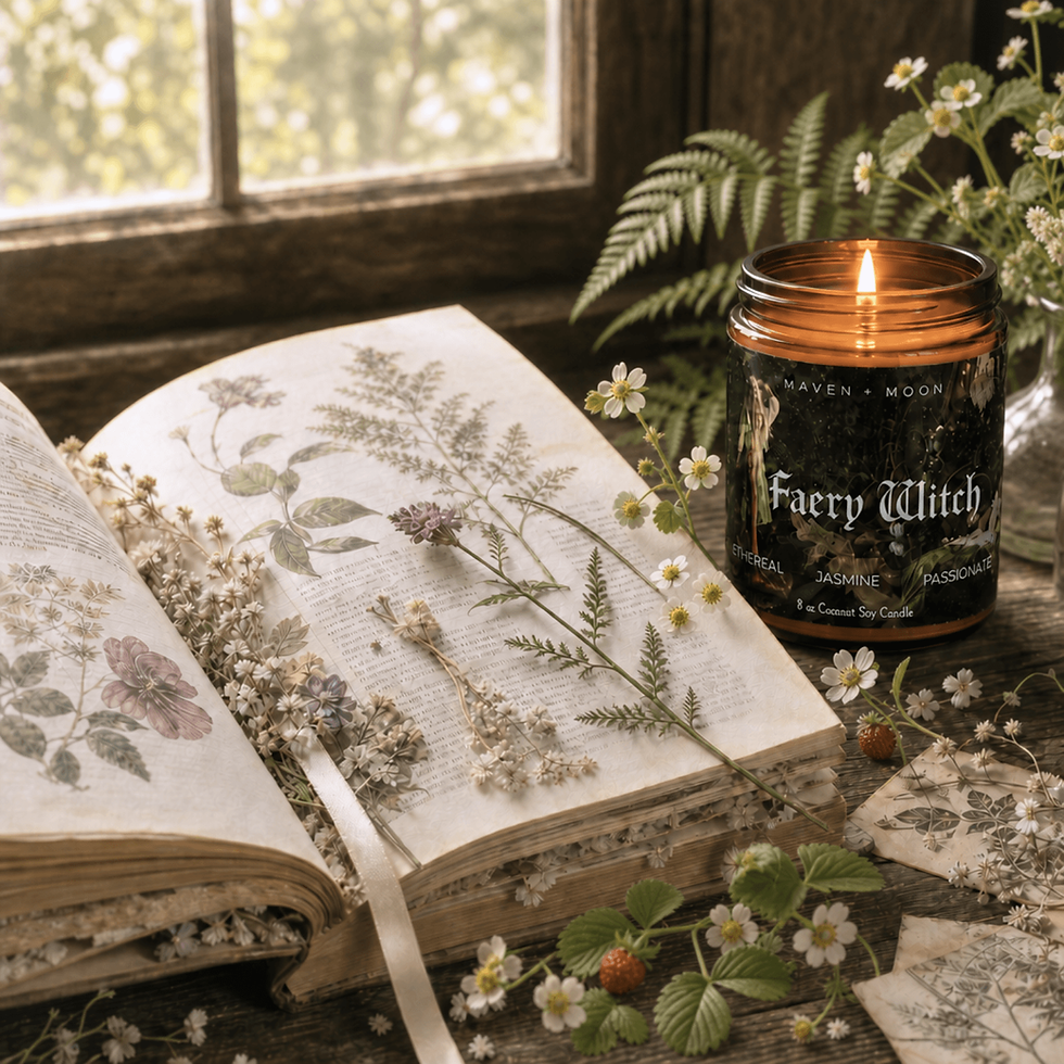 Thumbnail: Lit Faery Witch candle beside an open botanical book filled with pressed wildflowers, ferns, and scattered blossoms in warm a
