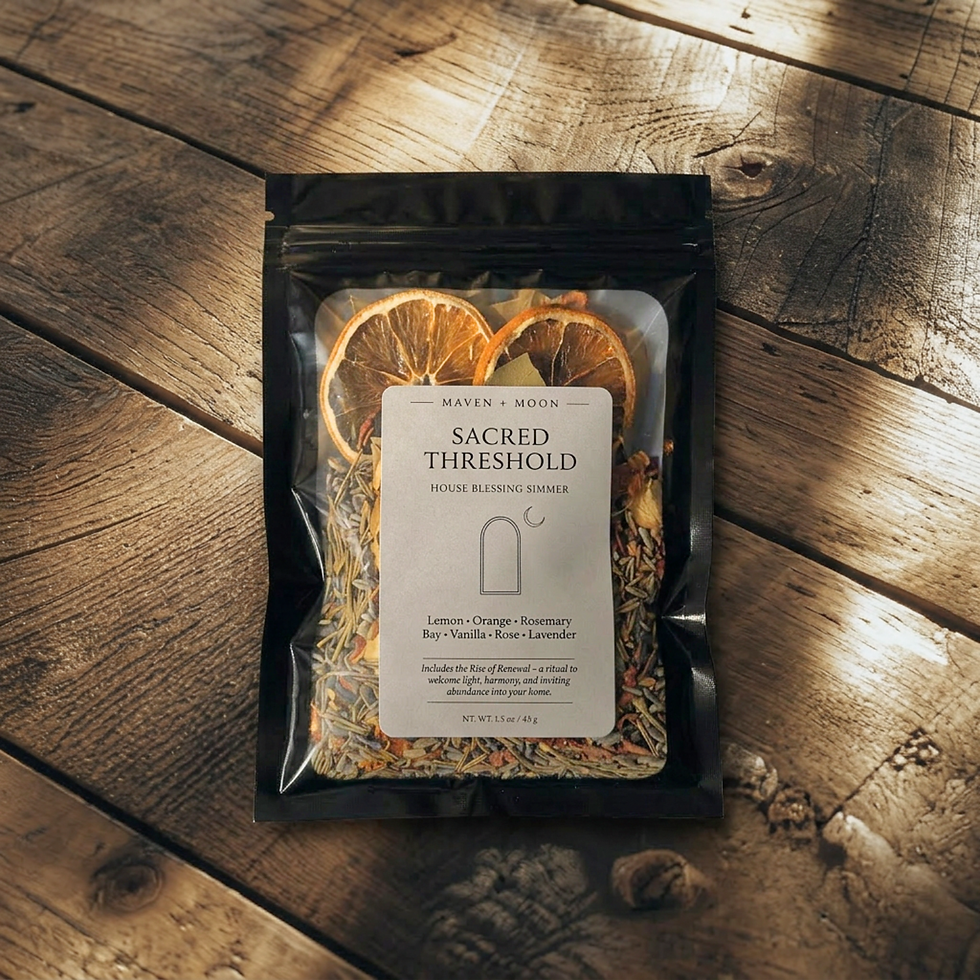 Thumbnail: Top-down view of Sacred Threshold house blessing simmer blend pouch on textured wooden surface showing dried citrus and botan