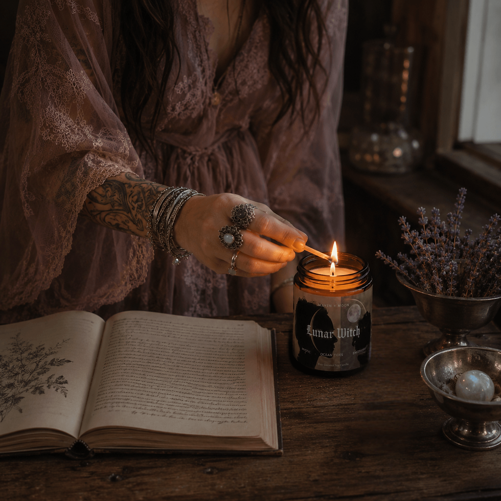 Thumbnail: Woman lighting the Lunar Witch candle beside an open book, antique silver bowl, and lavender stems on a wooden table near a w