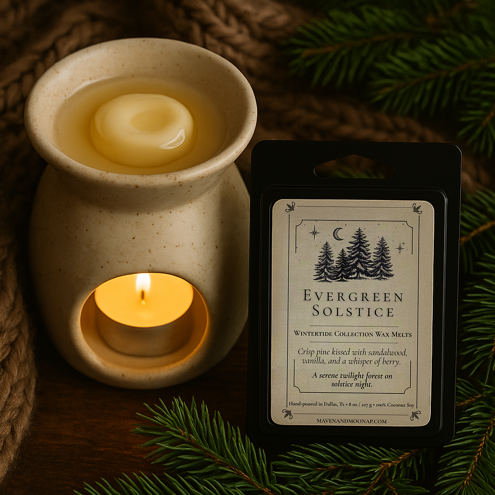 seasonal, holiday, black, wax melt, clamshell package with a vintage apothecary label sitting next to a wax melt warmer