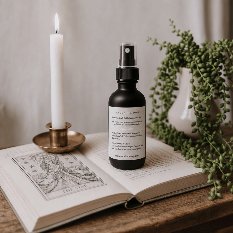 Thumbnail: Auric Shield ritual mist styled on an open tarot book beside a lit taper candle and trailing greenery in a warm apothecary-in
