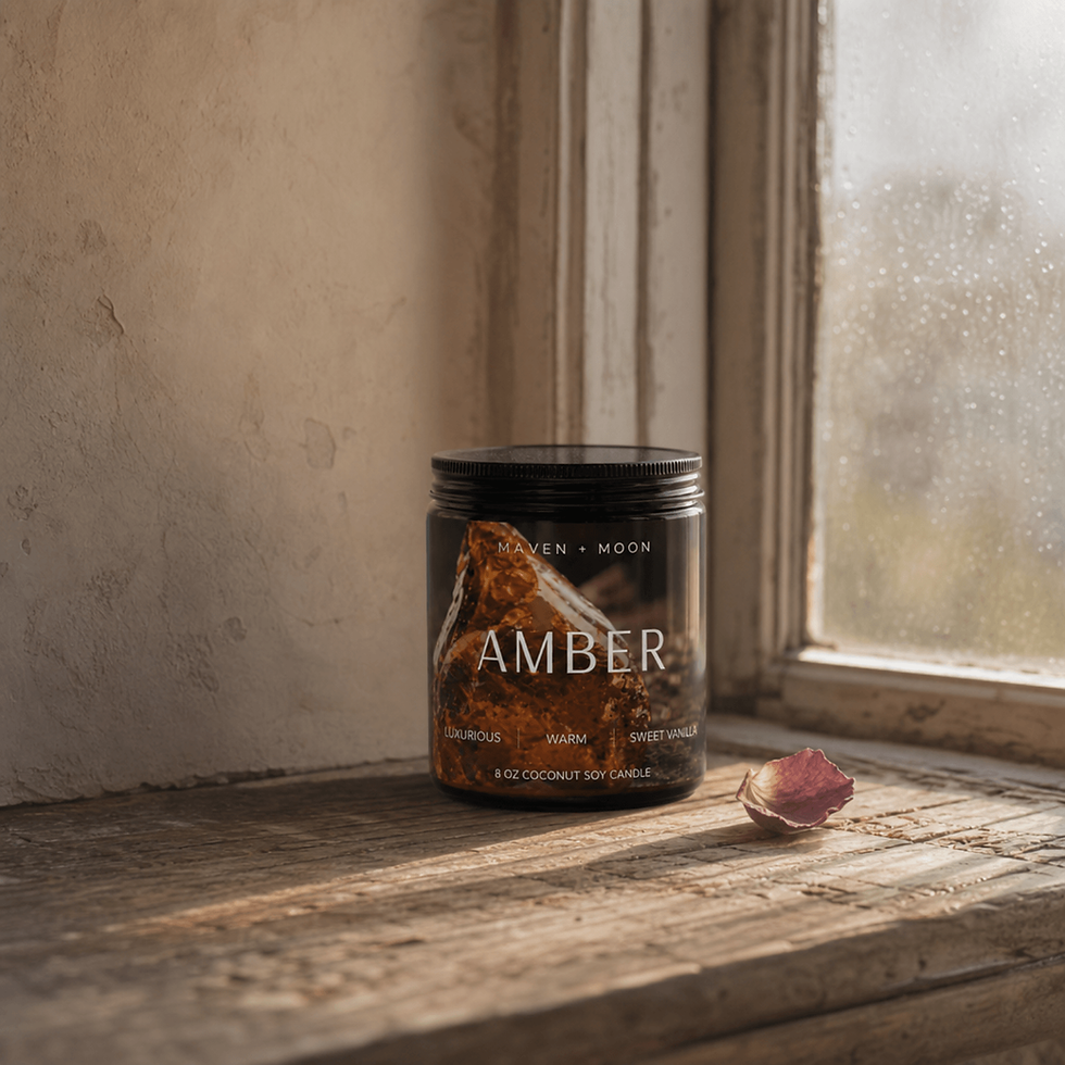 Thumbnail: Amber coconut soy candle resting beside a rain-speckled window on aged wood with warm afternoon light and a single dried ros