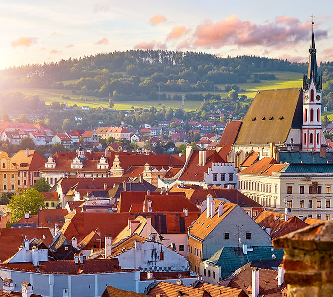 Czech Krumlov, czech Republic. Scenic panoramic top view at the roofs of Cesky krumlov old