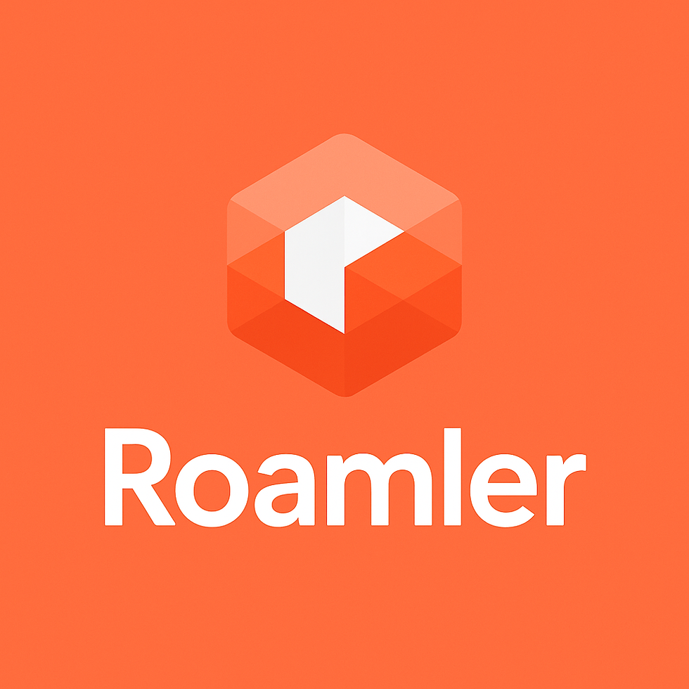 Orange background with a central hexagonal logo in shades of orange and white. The text "Roamler" is below in white.