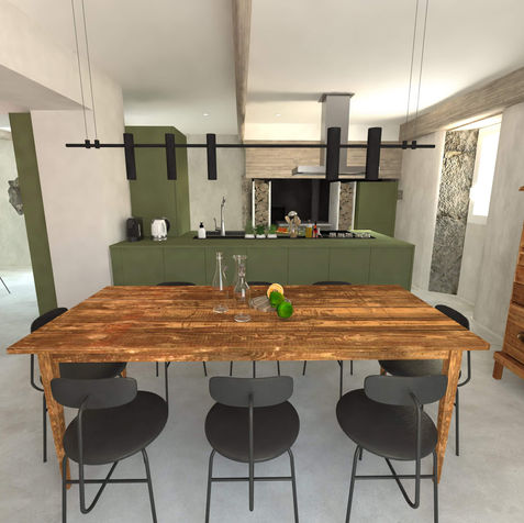 Vue d’ensemble sur la salle à manger avec une table en bois massif, des chaises contemporaines et une cuisine ouverte vert olive dans une maison rénovée en Ardèche