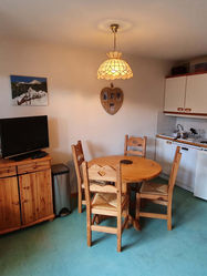 Vue de l’existant avec mobilier disparate et sol en plastique vert dans un appartement avant rénovation.