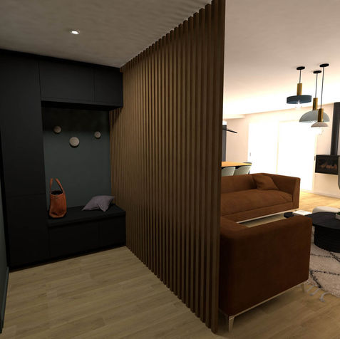 Entrée avec rangements intégrés et claustra bois