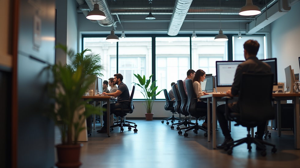 Eye-level view of a modern office workspace with web designers collaborating