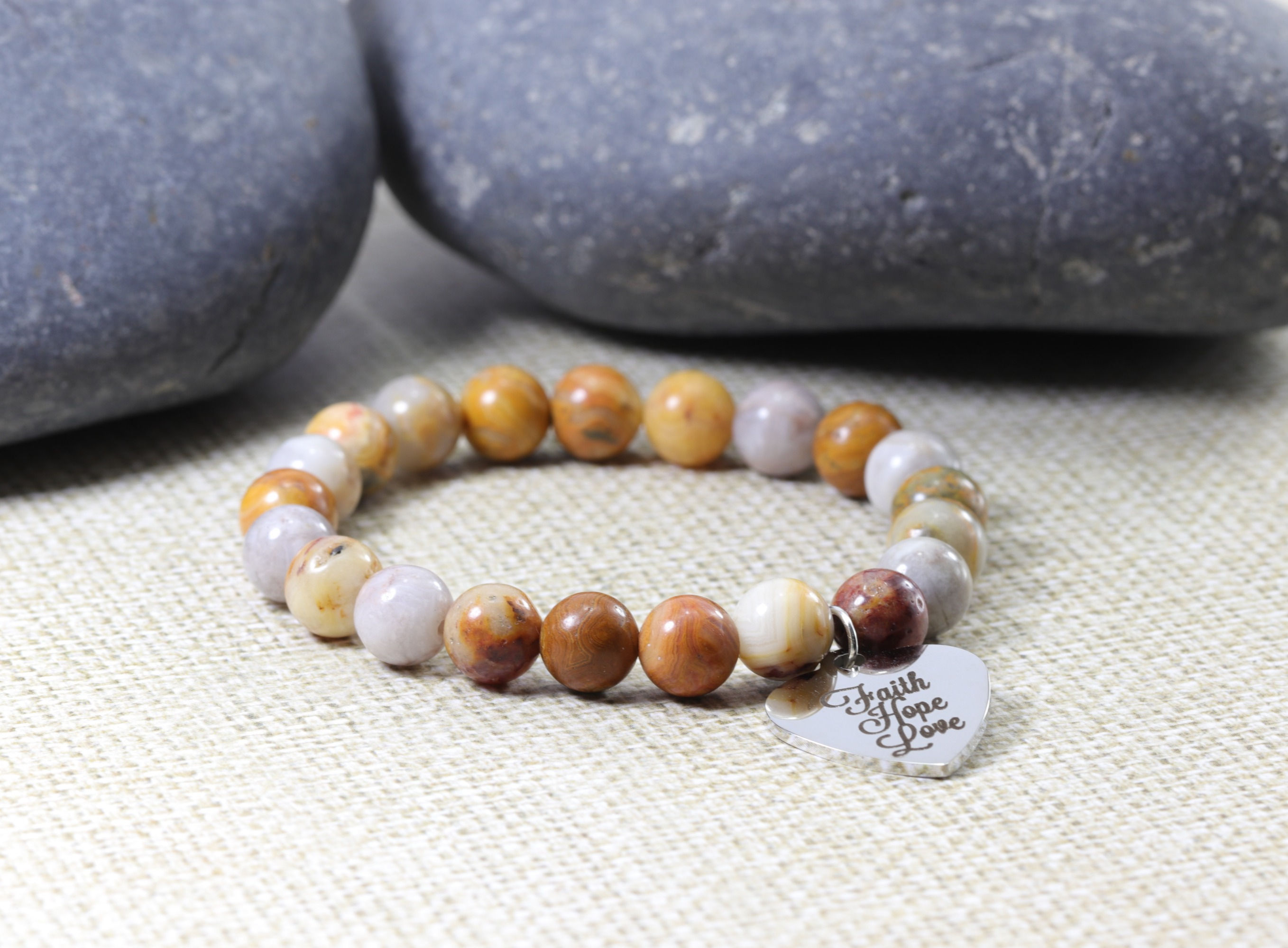 Crazy Lace Agate Gemstone Bracelet w/Religious Heart Charm