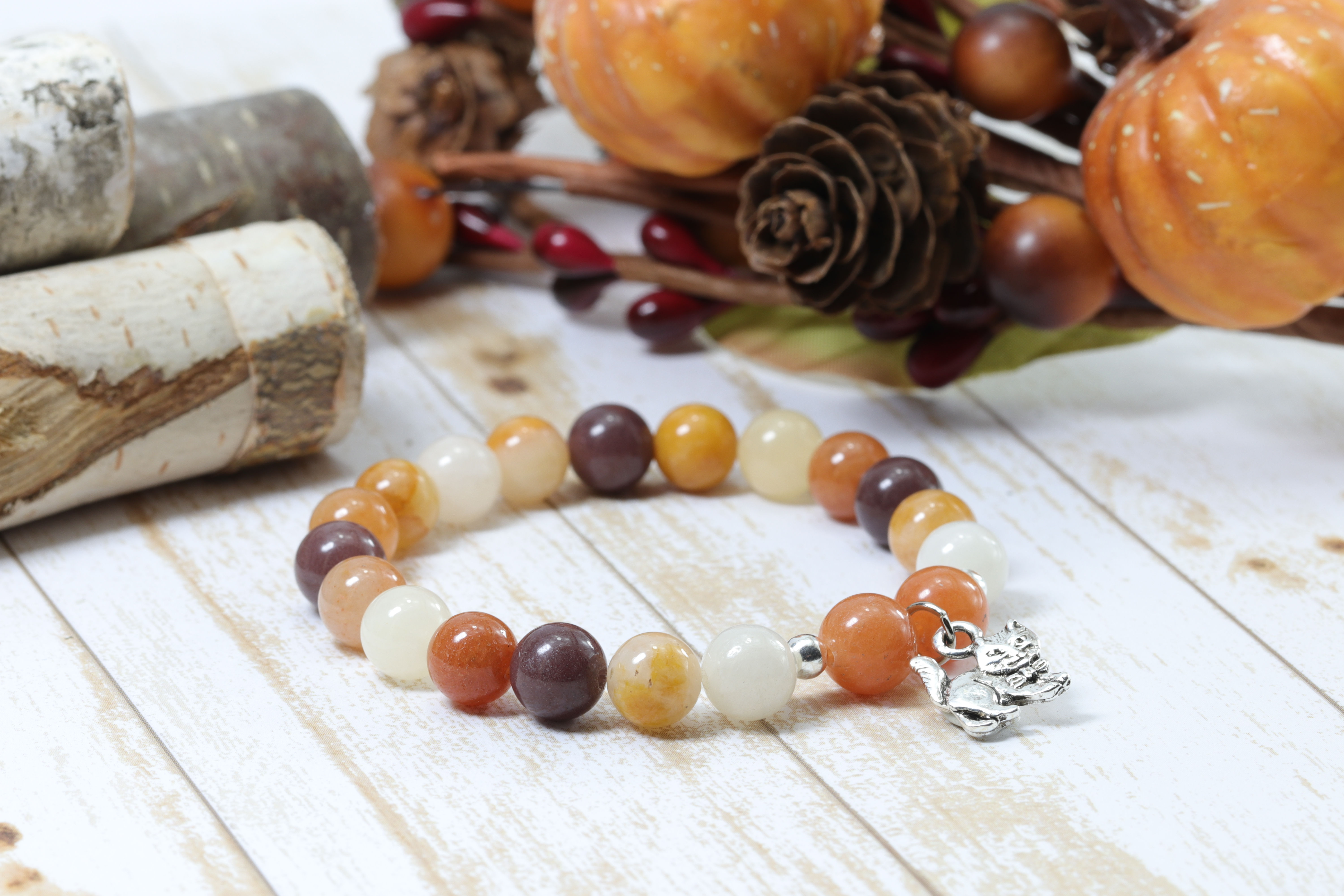 Golden Jade Quartz Gemstone Bracelet w/Cat Charm