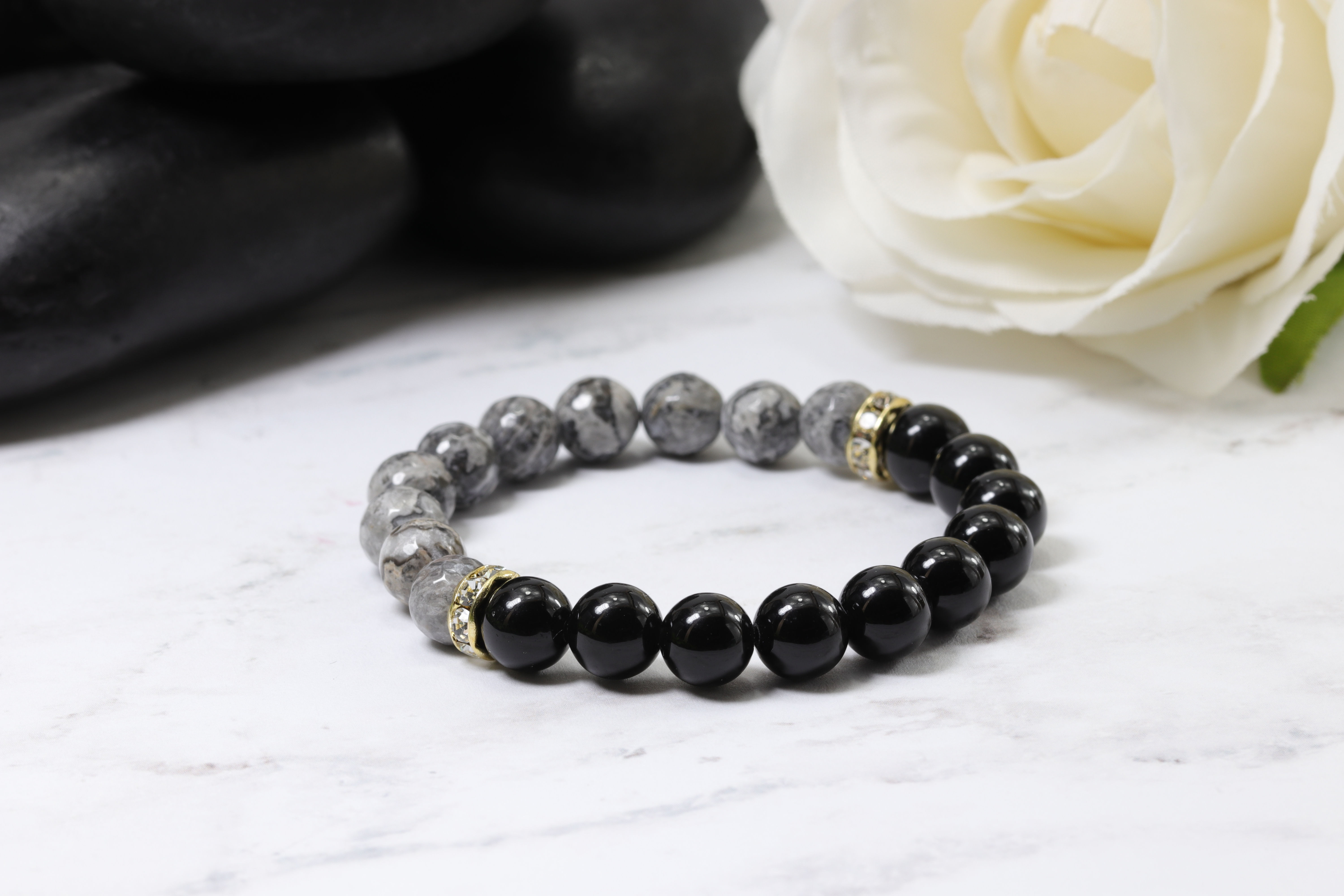 Black Obsidian & Crazy Lace Agate Gemstone Bracelet