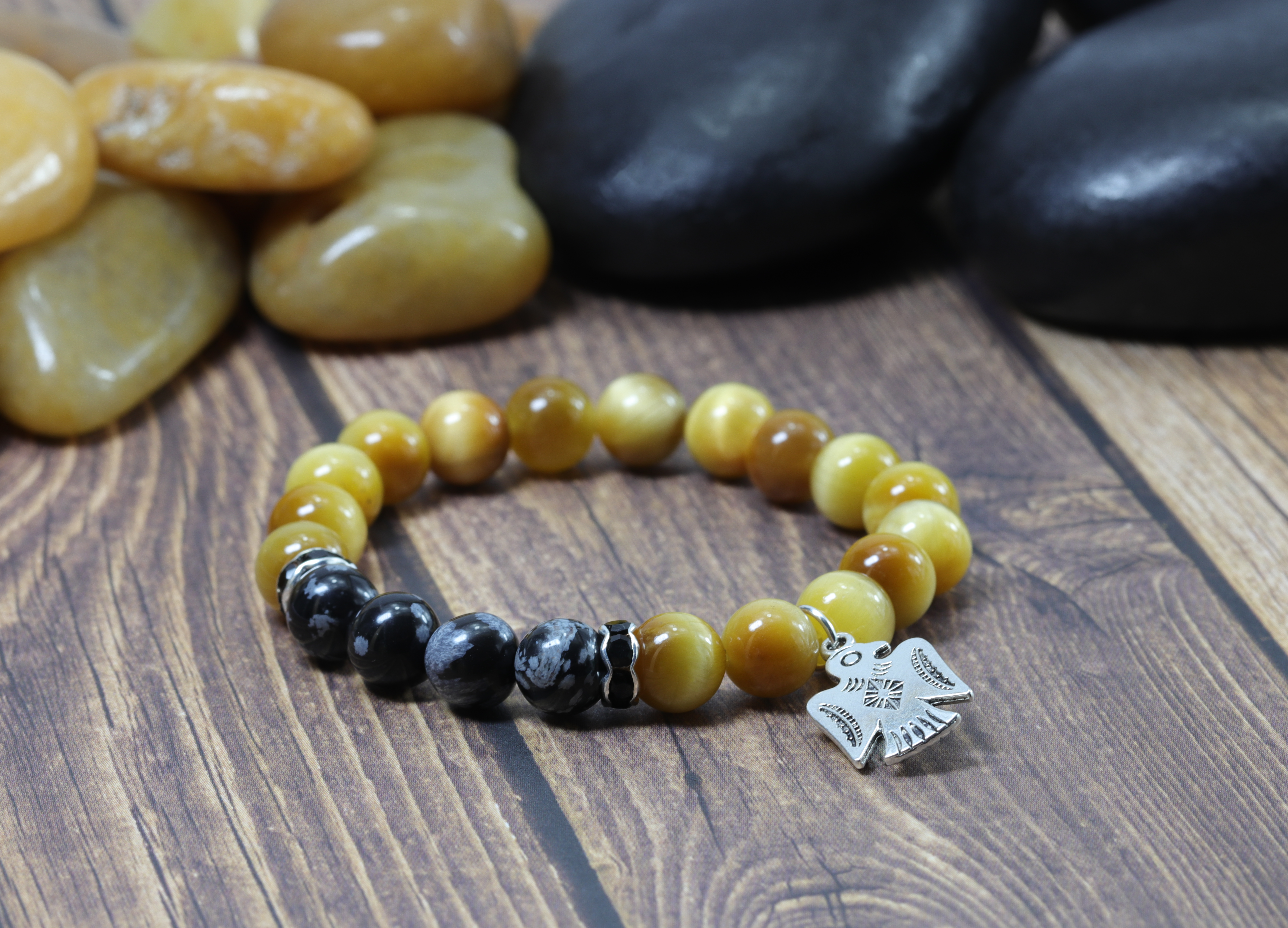 Honey Tigereye & Black Silkstone Gemstone Bracelet w/Thunderbird Charm