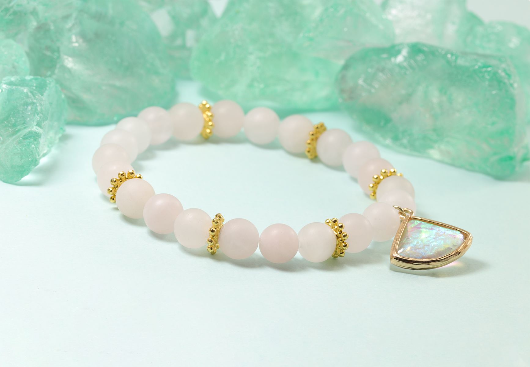 Rose Quartz Gemstone Bracelet w/Opal Drop Charm