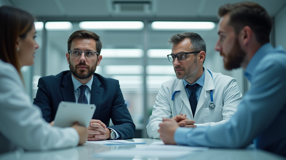 Eye-level view of a professional meeting between a company representative and an industrial physician
