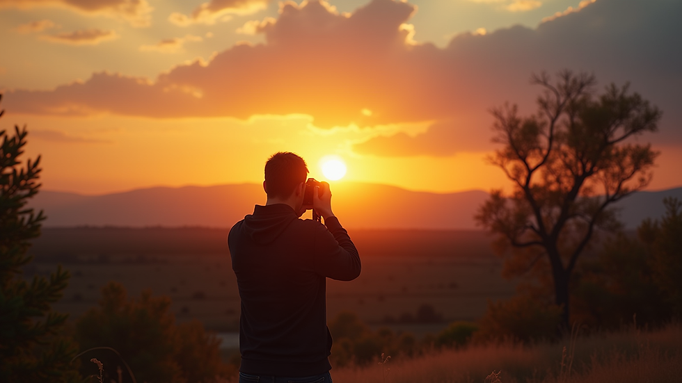Eye-level view of a photographer capturing a sunset landscape
