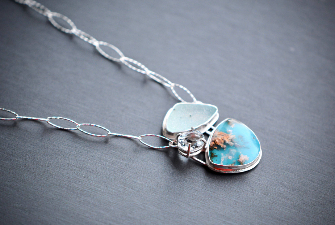 Statement Sterling Silver Necklace with Topaz, Druzy and a Plume Agate Doublet